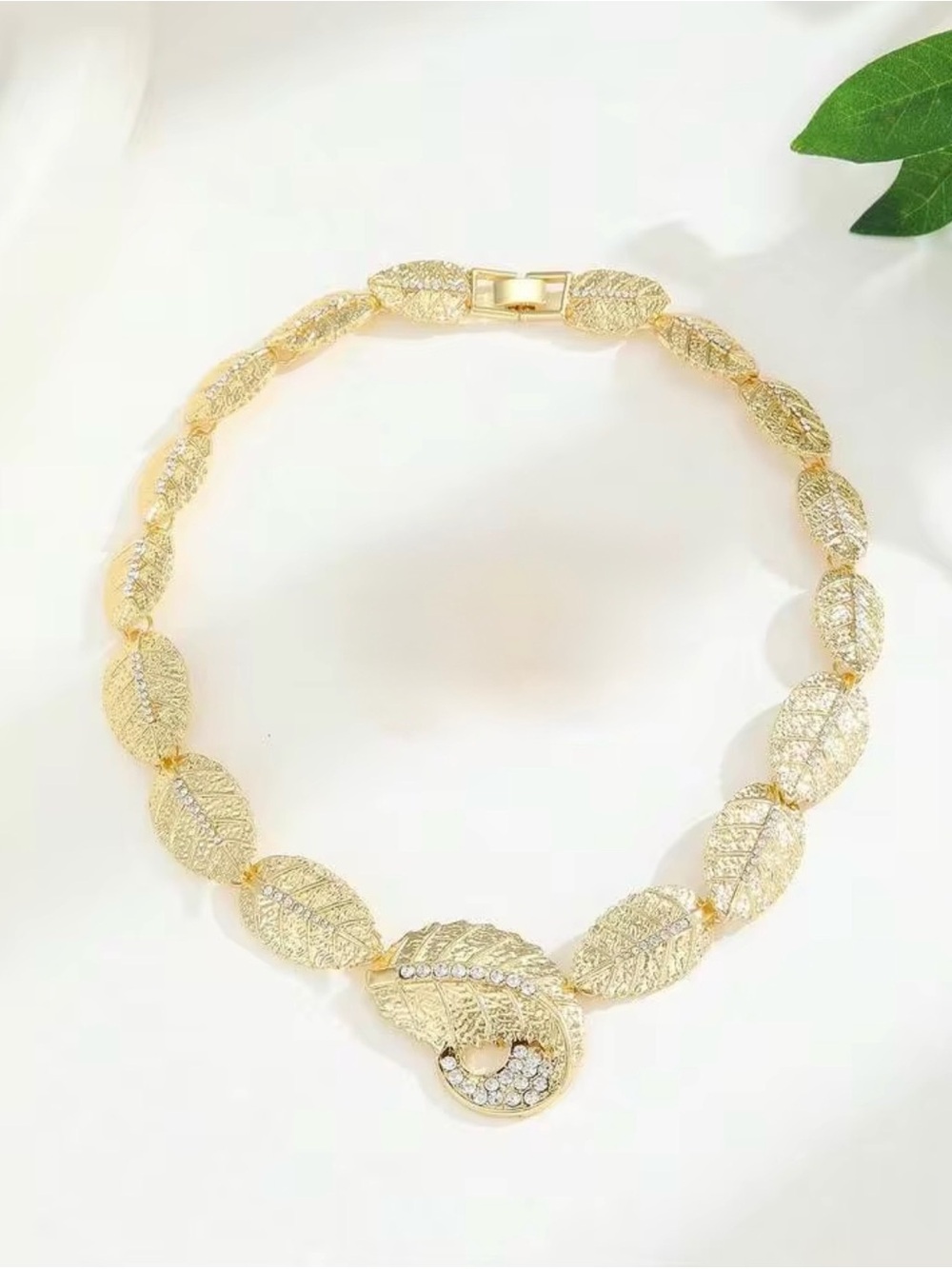 Gold Leaf Statement Necklace with Crystal Accent - #1238